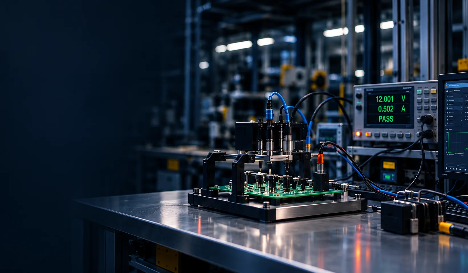 Electronics test fixture and measurement instruments on an industrial test bench