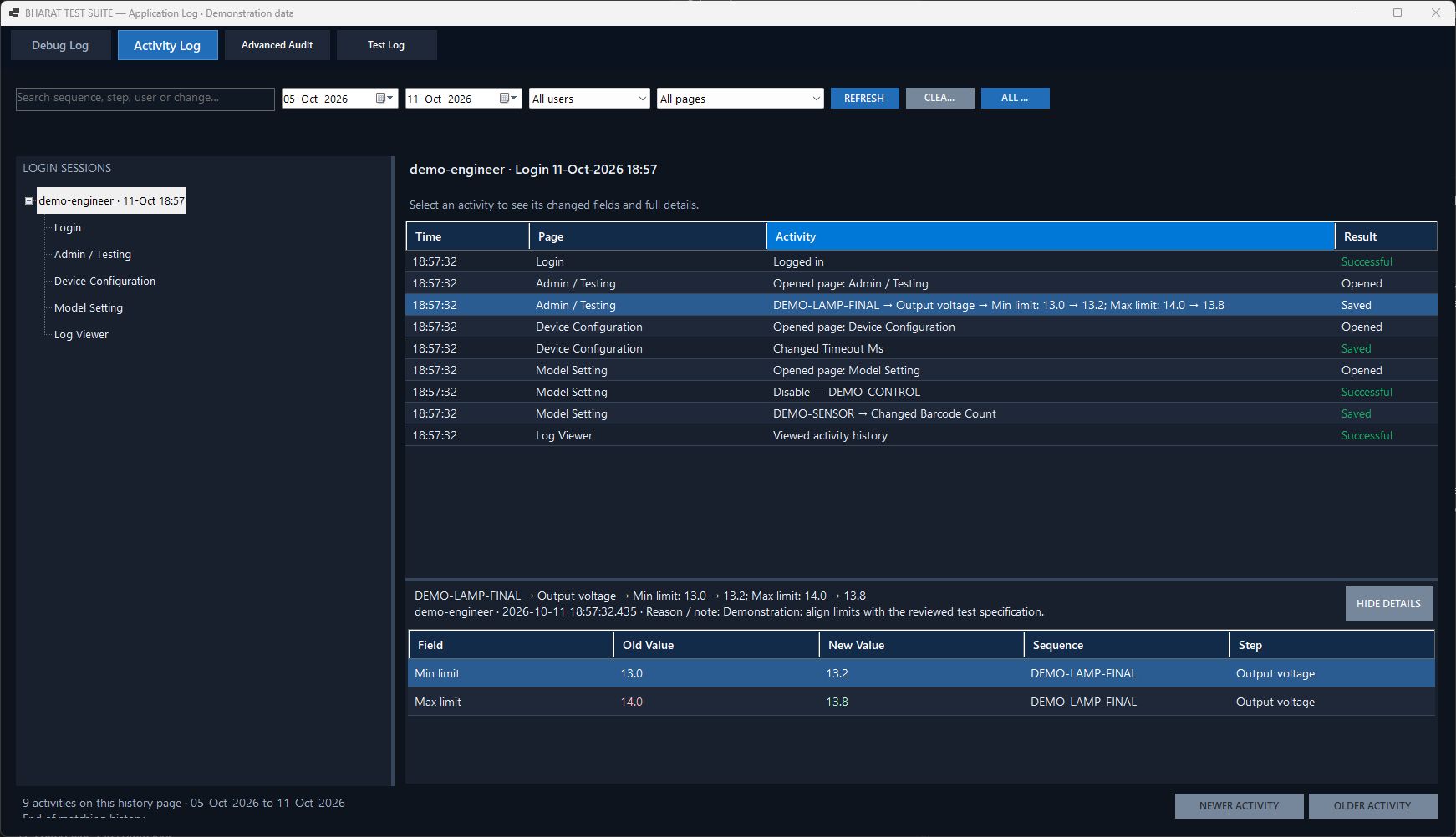 Actual BHARAT TEST SUITE Activity Log showing a fictional user's login session, page visits, saved settings and the old and new voltage limits for a selected change.