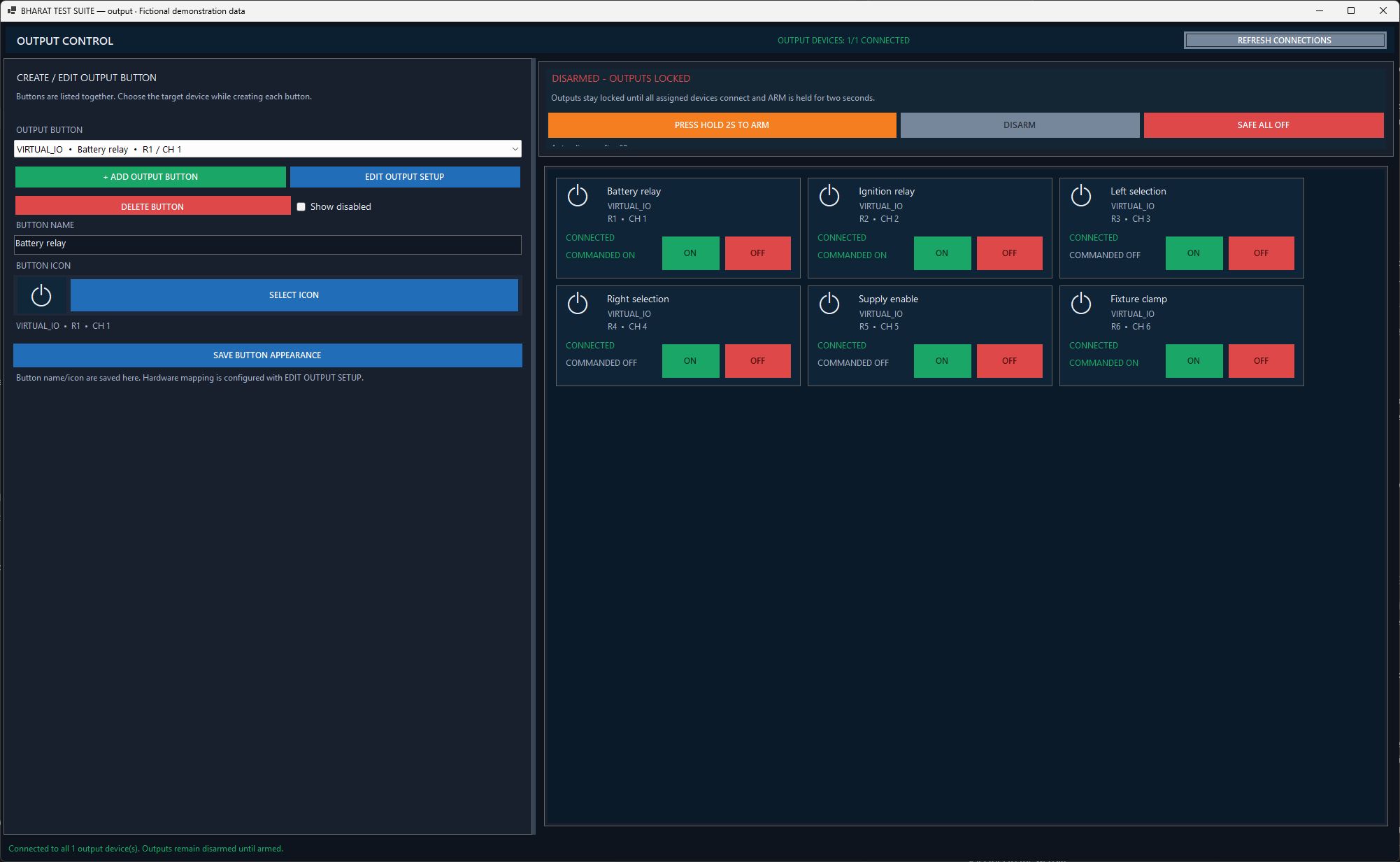 Native Output Control with six named virtual relay buttons, channel mappings and a mixture of commanded ON and OFF states.