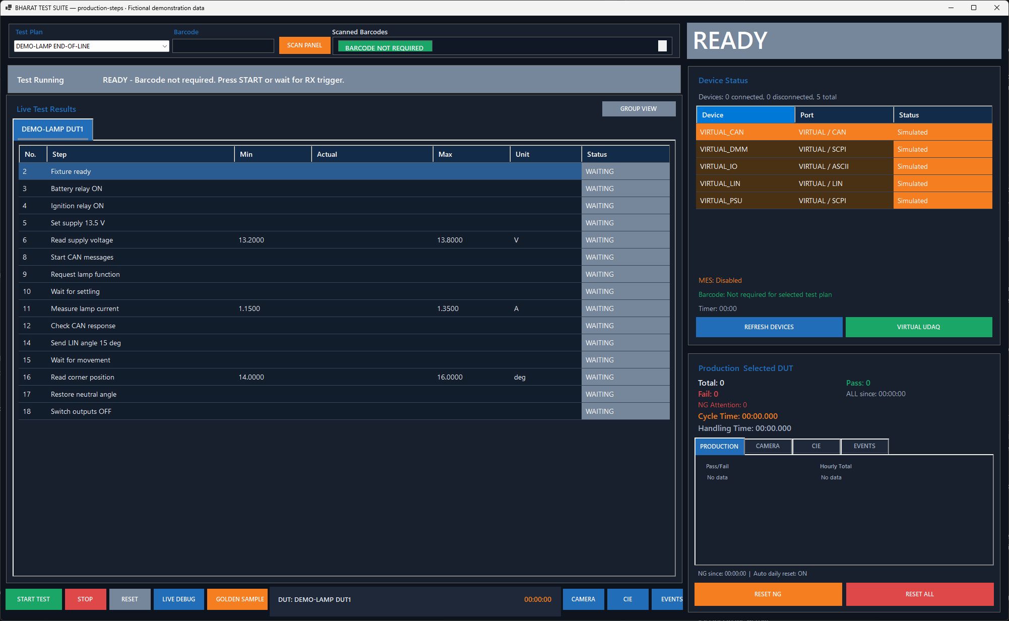 DEMO-LAMP production plan loaded with all 15 child steps, configured limits and units, waiting to run.