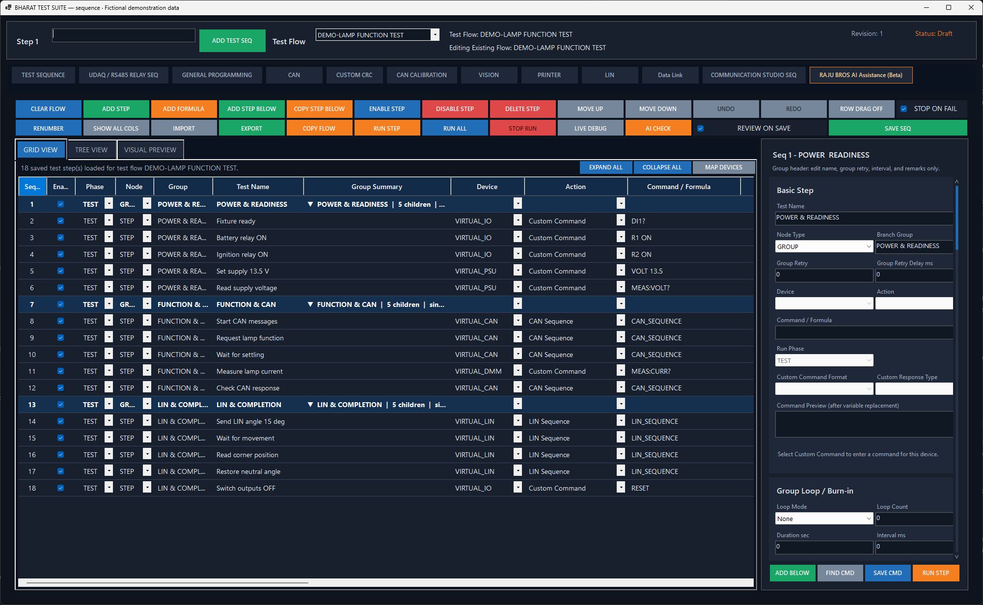 Native test sequence editor showing POWER & READINESS, FUNCTION & CAN and LIN & COMPLETION, each with five child steps.